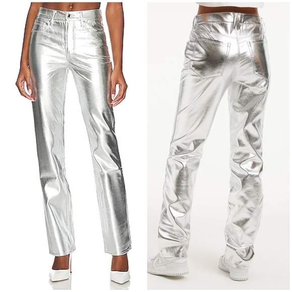Good American Faux Leather Good Icon Straight Pants Silver Metallic Disco 8 29 - Picture 1 of 14